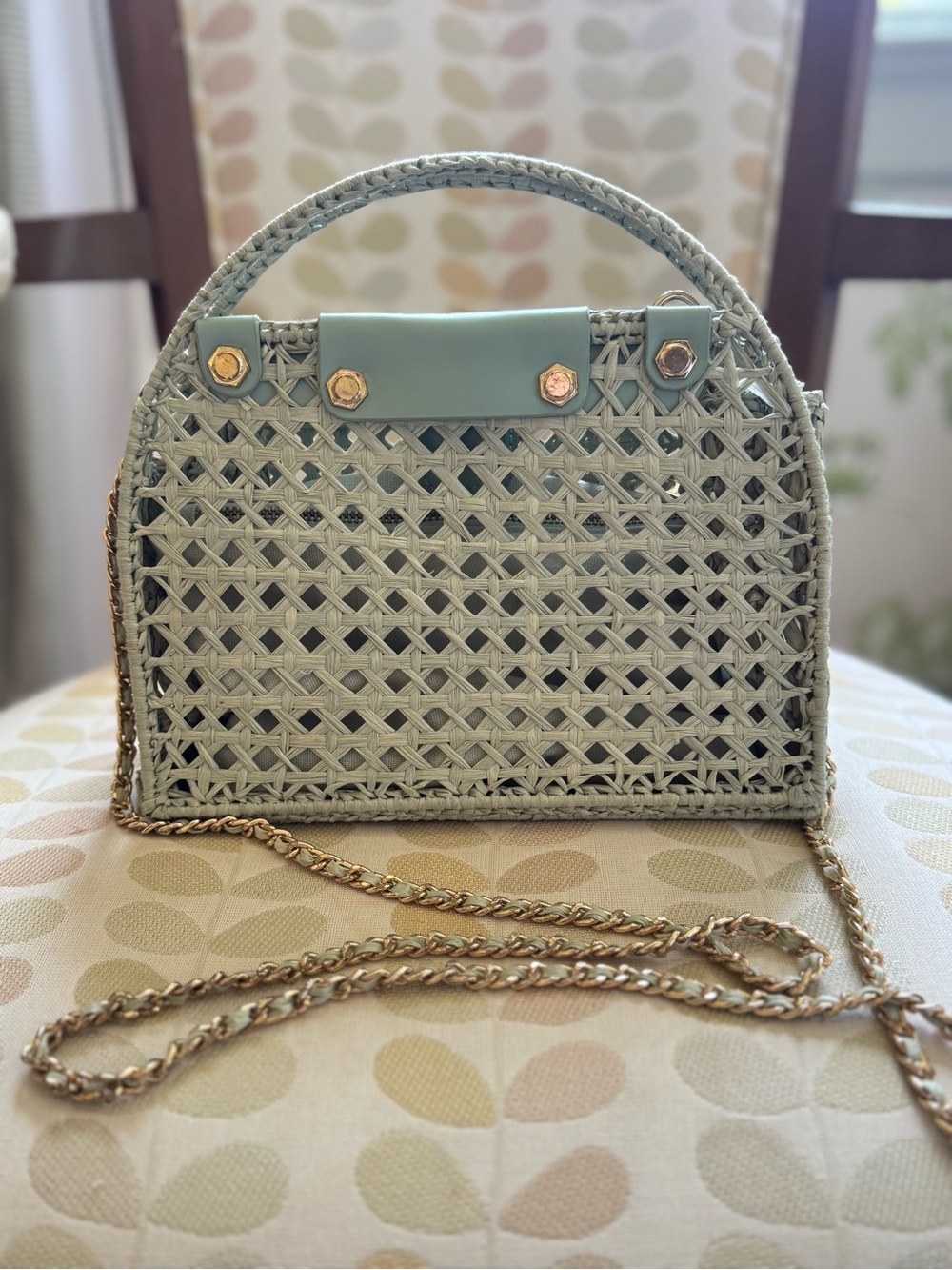 House of Harlow 1960 Gold and Pale Green Woven Crossbody Shoulder Clutch